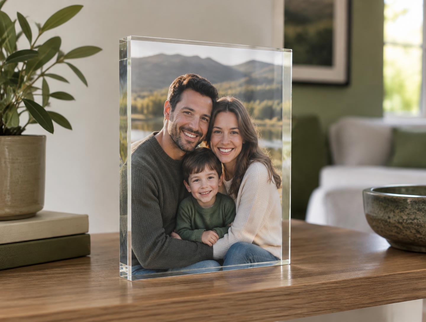 A freestanding clear acrylic photo display holding a family portrait on a home shelf