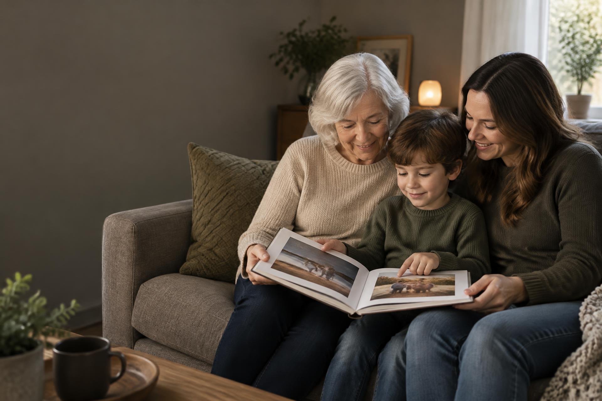 A grandmother, daughter and grandson sharing a printed family photo book on their sofa