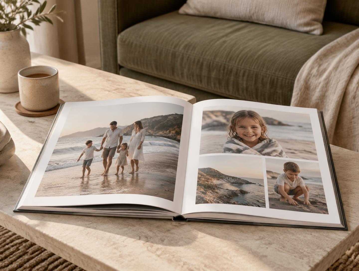 An open hardcover family photo book ready to enjoy on a coffee table at home